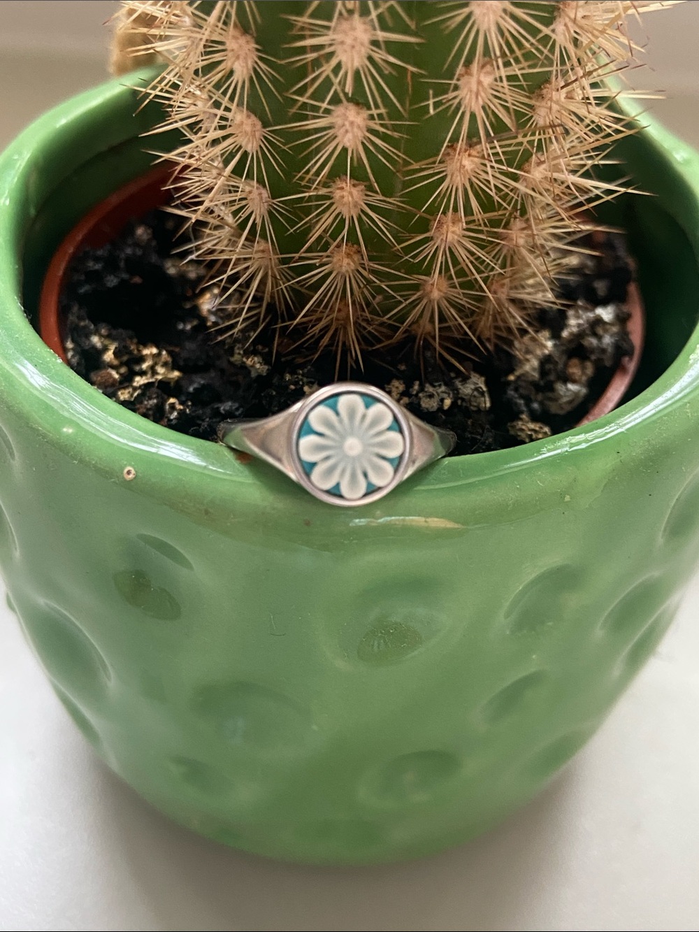 Pura Vida Silver Floral Signet Ring in Light Blue and White GUC 7